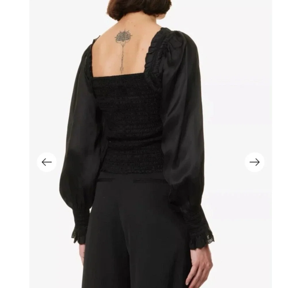 ME+EM Top Square Neck Lace Trim UK 10 US 6 Black Long Sleeve Smocked Coquette